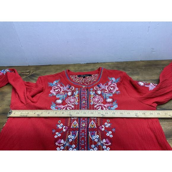 Calessa Womens Sz L Red Floral Embroidery Button Blouse Roll Sleeves Boho Top - Picture 9 of 13